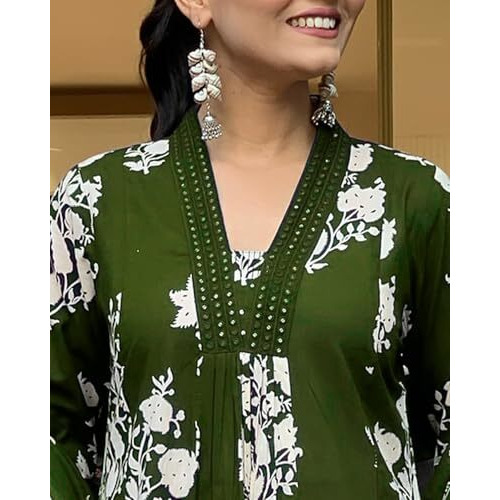 Toochki Dress For Women | Kurta Pant And Dupatta Set |Floral Printed Ethnic Dress | Three Piece Embroidered Dress | Ethnic Dress Suit Set For Women | Olive Green Dress (Tkcbl-Mu-329-Og-Etd Parent)