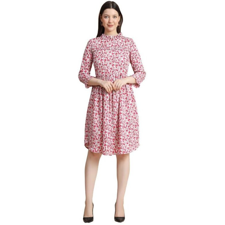 Toochki Women's Pink Muslin Block Print Fit & Flared Western Dress | Dress For Women | A Line Dress | Winter Dress | Western Dress | Latest Women Dress | Trendy Dress | Midi Dress