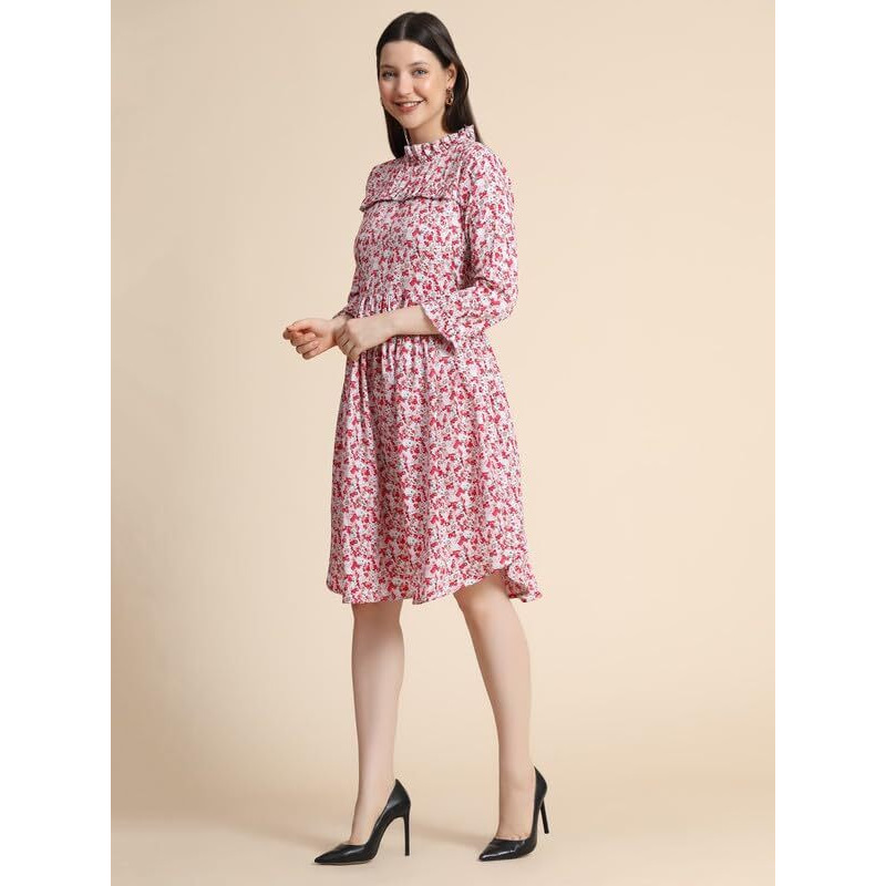 Toochki Women's Pink Muslin Block Print Fit & Flared Western Dress | Dress For Women | A Line Dress | Winter Dress | Western Dress | Latest Women Dress | Trendy Dress | Midi Dress