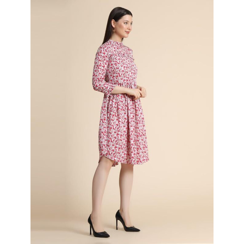 Toochki Women's Pink Muslin Block Print Fit & Flared Western Dress | Dress For Women | A Line Dress | Winter Dress | Western Dress | Latest Women Dress | Trendy Dress | Midi Dress