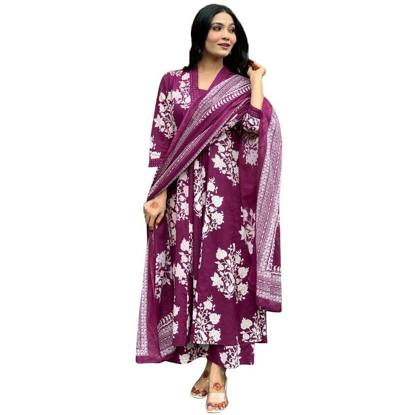 Toochki Dress For Women | Kurta Pant And Dupatta Set |Floral Printed Ethnic Dress | Three Piece Embroidered Dress | Ethnic Dress Suit Set For Women | Wine Cotton Dress (Tkcbl-Mu-327-Wn-Etd Parent)
