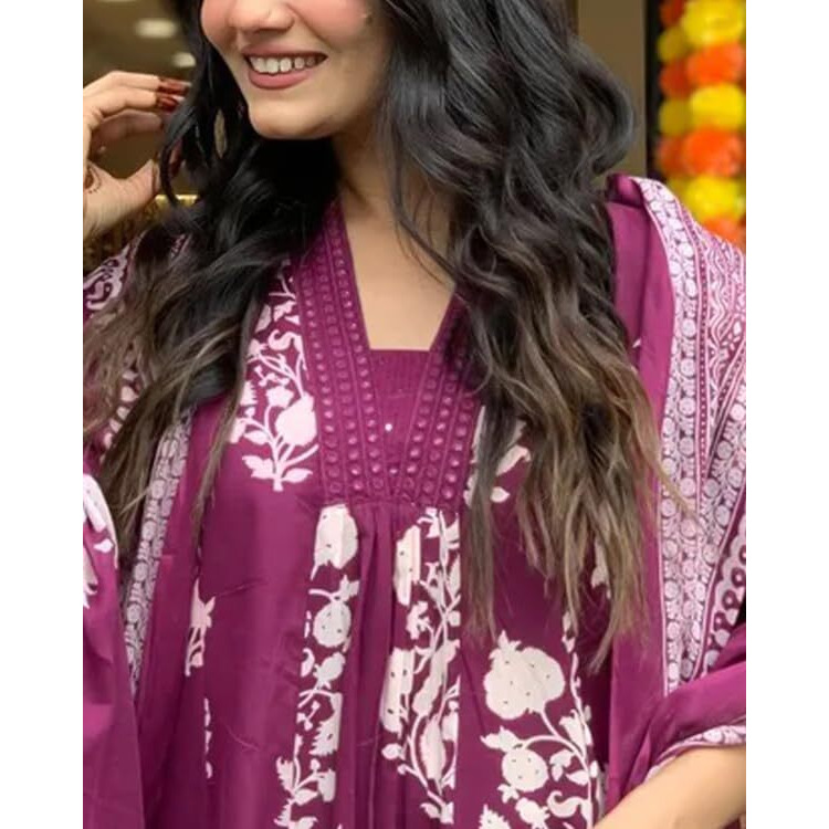 Toochki Dress For Women | Kurta Pant And Dupatta Set |Floral Printed Ethnic Dress | Three Piece Embroidered Dress | Ethnic Dress Suit Set For Women | Wine Cotton Dress (Tkcbl-Mu-327-Wn-Etd Parent)