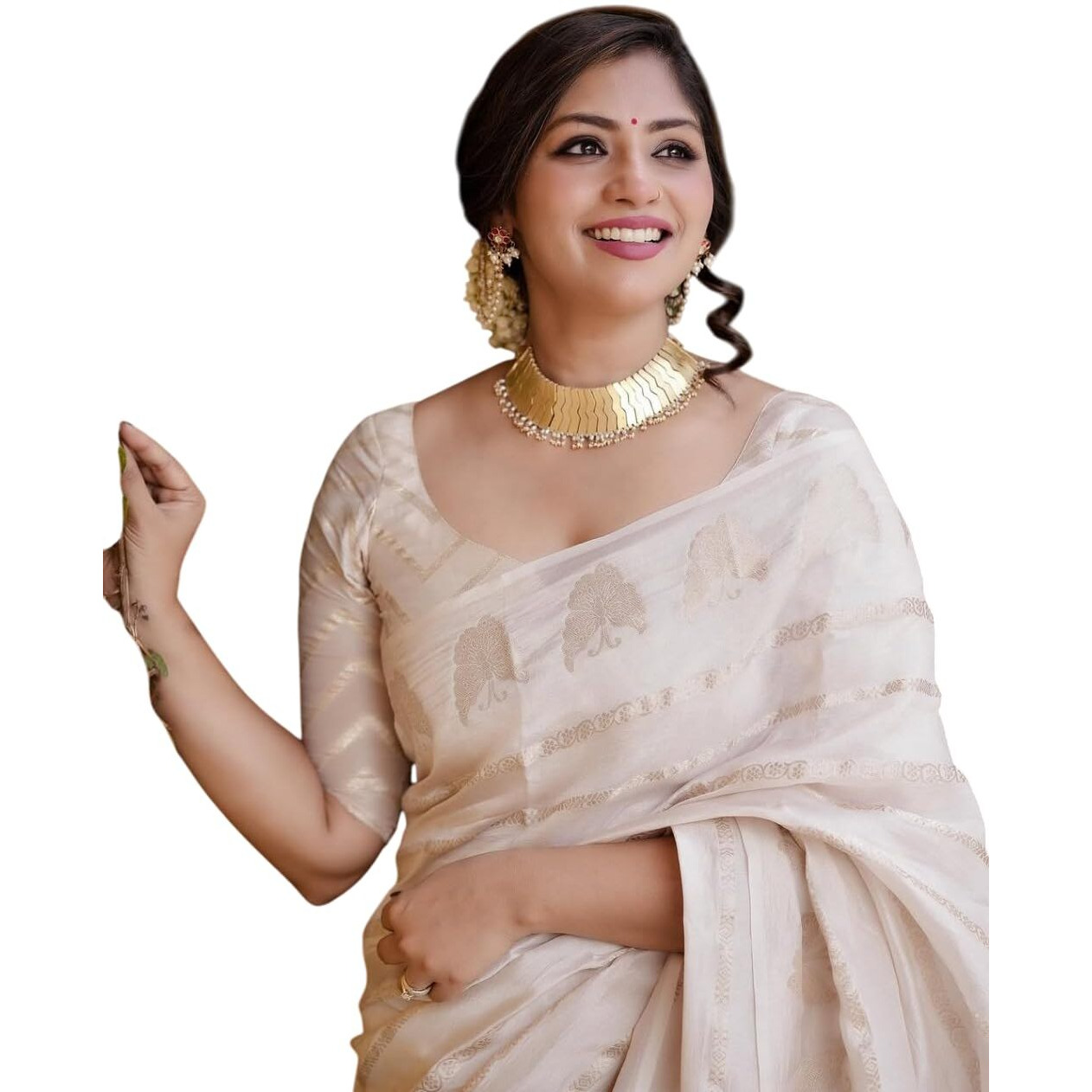 Flosive Women's Beautiful Soft Silk Saree With Zari Weaving With Blouse Piece (Off White)