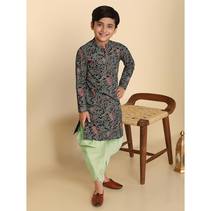 Kisah Kid's Cotton Full Sleeves Regular Fit Knee Length Floral Black Kurta (9-10Y)