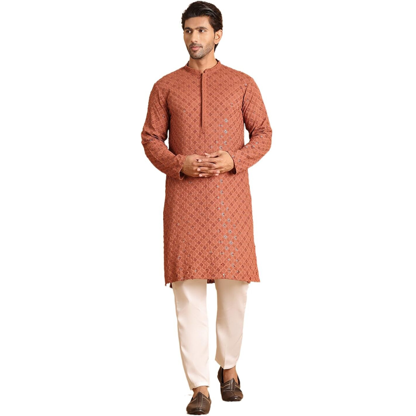 Jompers Rust Embroidered & Sequins Straight Kurta Set For Men (Rust, S)