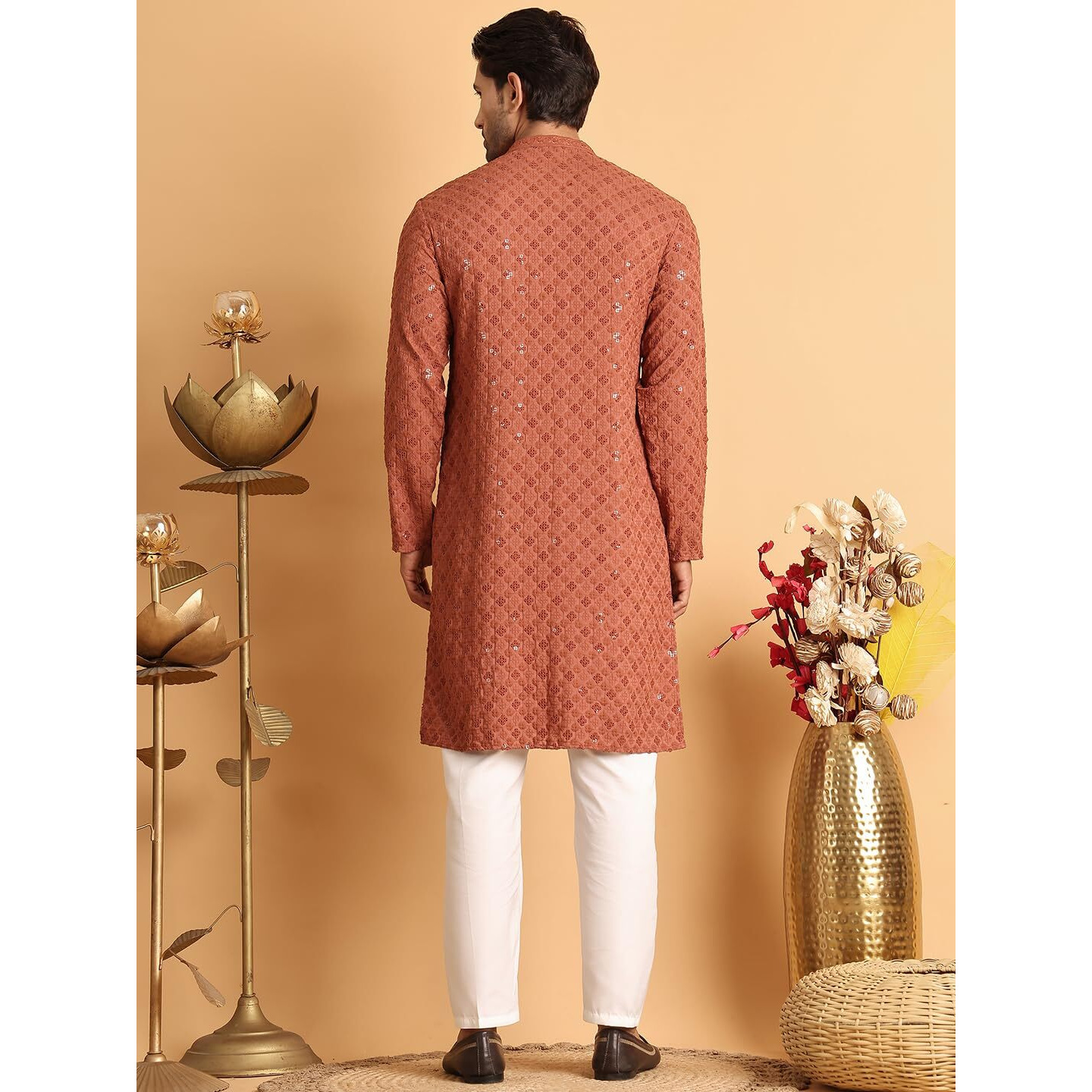 Jompers Rust Embroidered & Sequins Straight Kurta Set For Men (Rust, S)