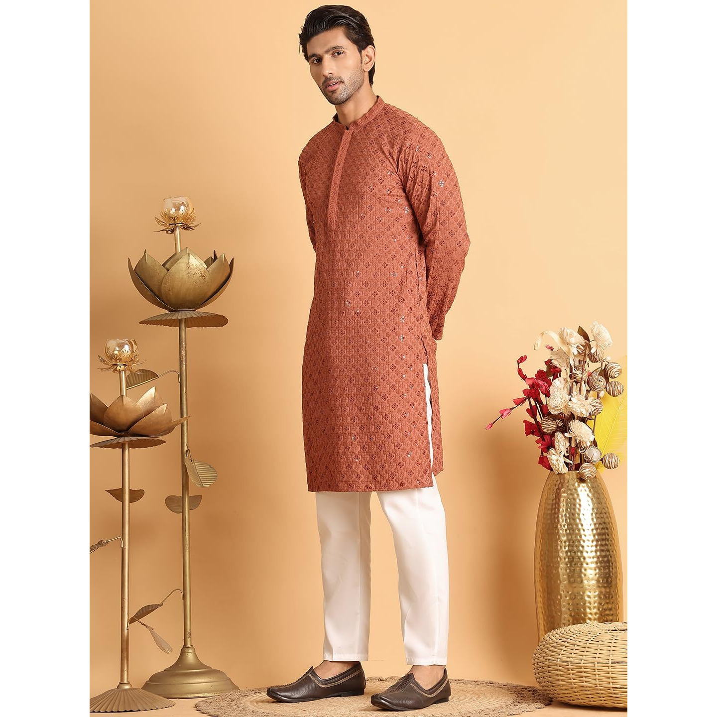Jompers Rust Embroidered & Sequins Straight Kurta Set For Men (Rust, S)