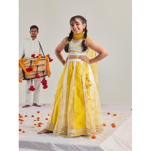 Pspeaches Girl's Silk Blend 1 Lehenga, 1 Choli, 1 Dupatta (L-Yellowrubberprint-15- Yellow_15-16Y)