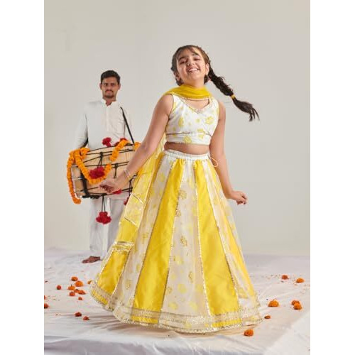 Pspeaches Girl's Silk Blend 1 Lehenga, 1 Choli, 1 Dupatta (L-Yellowrubberprint-15- Yellow_15-16Y)