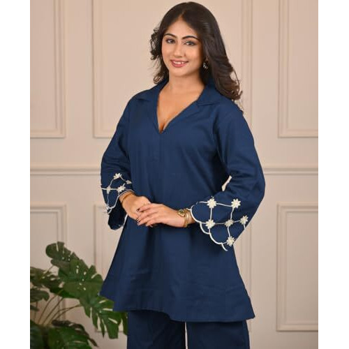 Shienzy Stylish Printed Cotton Blend Co Ord Set For Women || Casual & Festive Indo-Western Outfit || Kurta Pant Set (1666_Nbl_Xl) Navy Blue