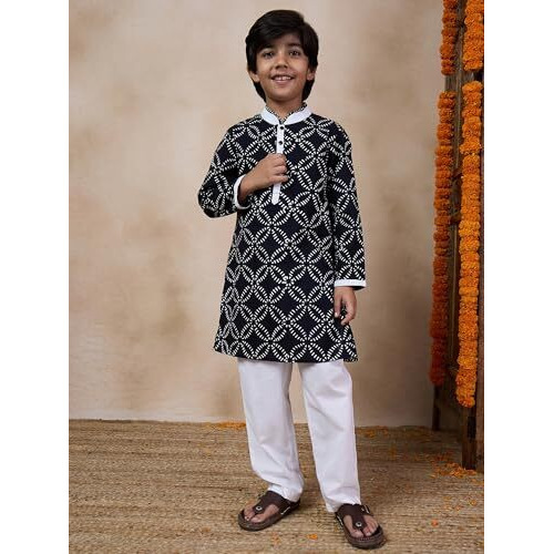 Pspeaches Boys Ethnic Motifs Printed Mandarin Collar Kurta With Pyjamas (8-10Years)