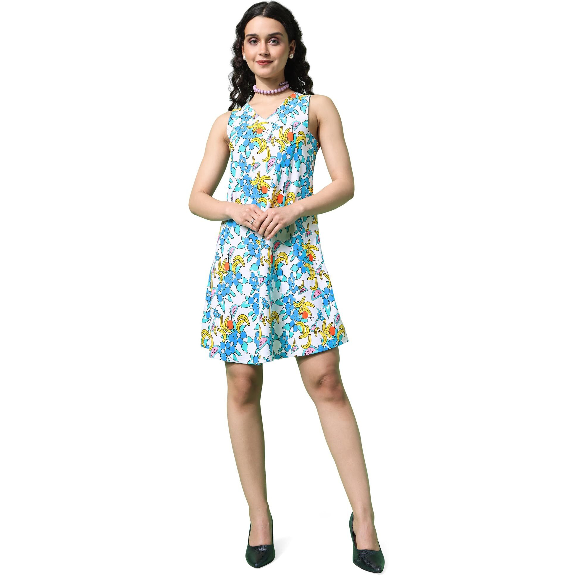 Purvaja Womens Fit & Flare Knee Length Dress (Wini-097-Fruit_Sky Blue_Small)