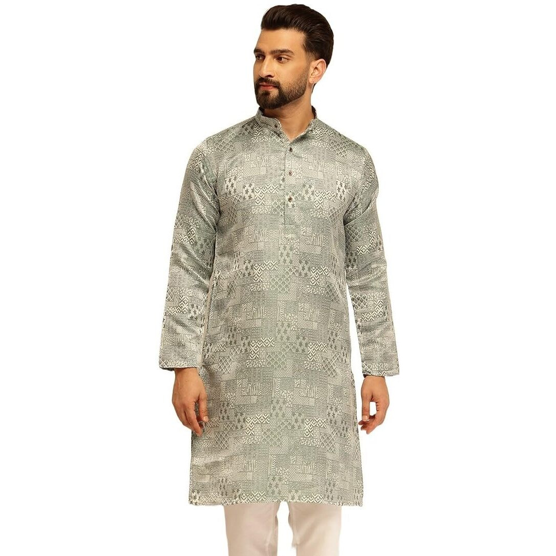 Sojanya (Since 1958 Men's Jacquard Silk Woven Design Green Long Kurta