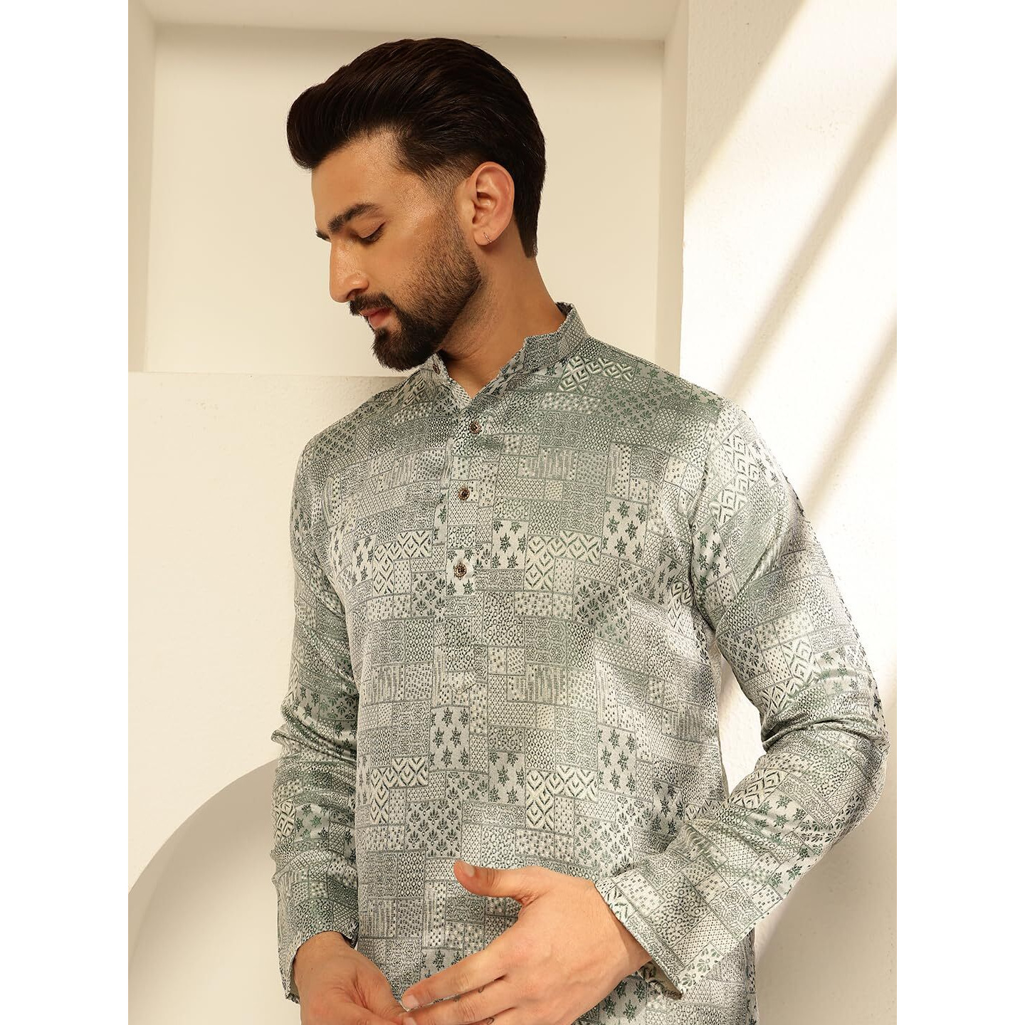 Sojanya (Since 1958 Men's Jacquard Silk Woven Design Green Long Kurta