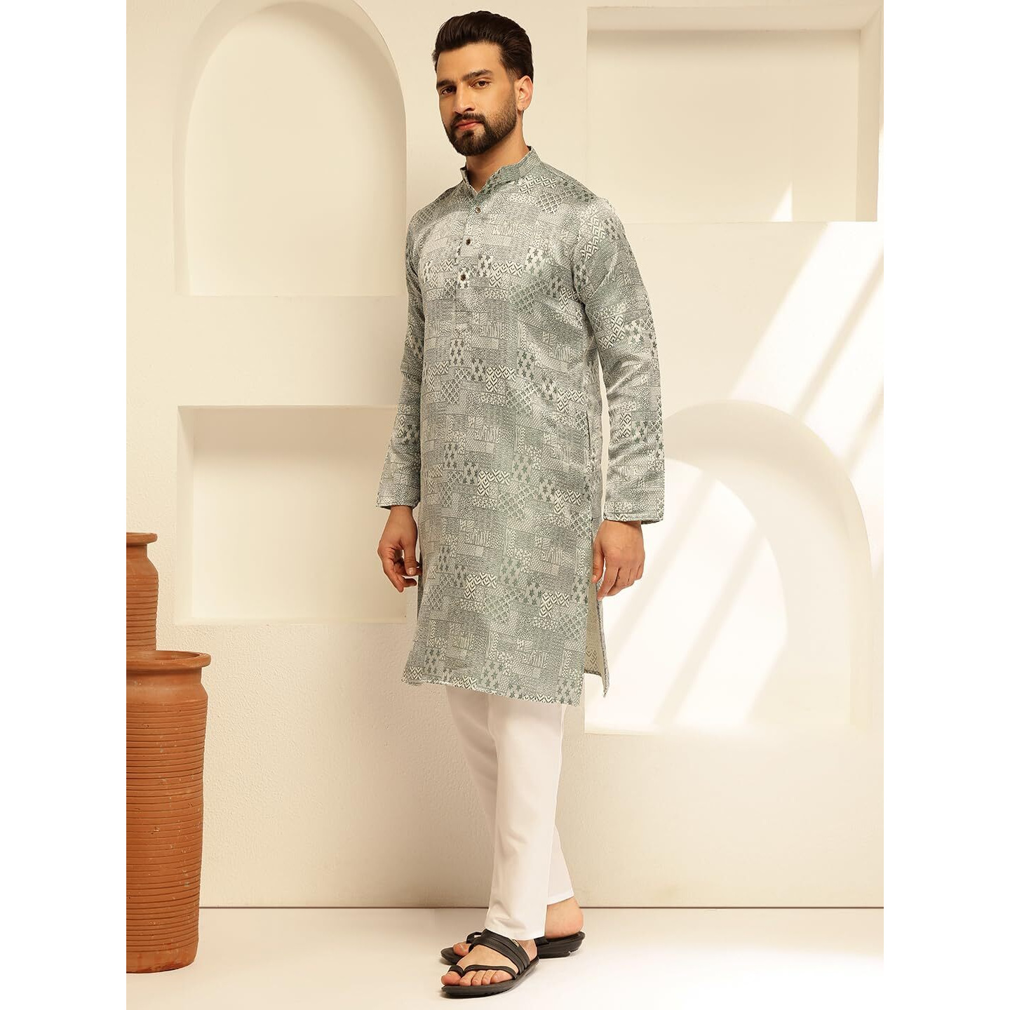 Sojanya (Since 1958 Men's Jacquard Silk Woven Design Green Long Kurta