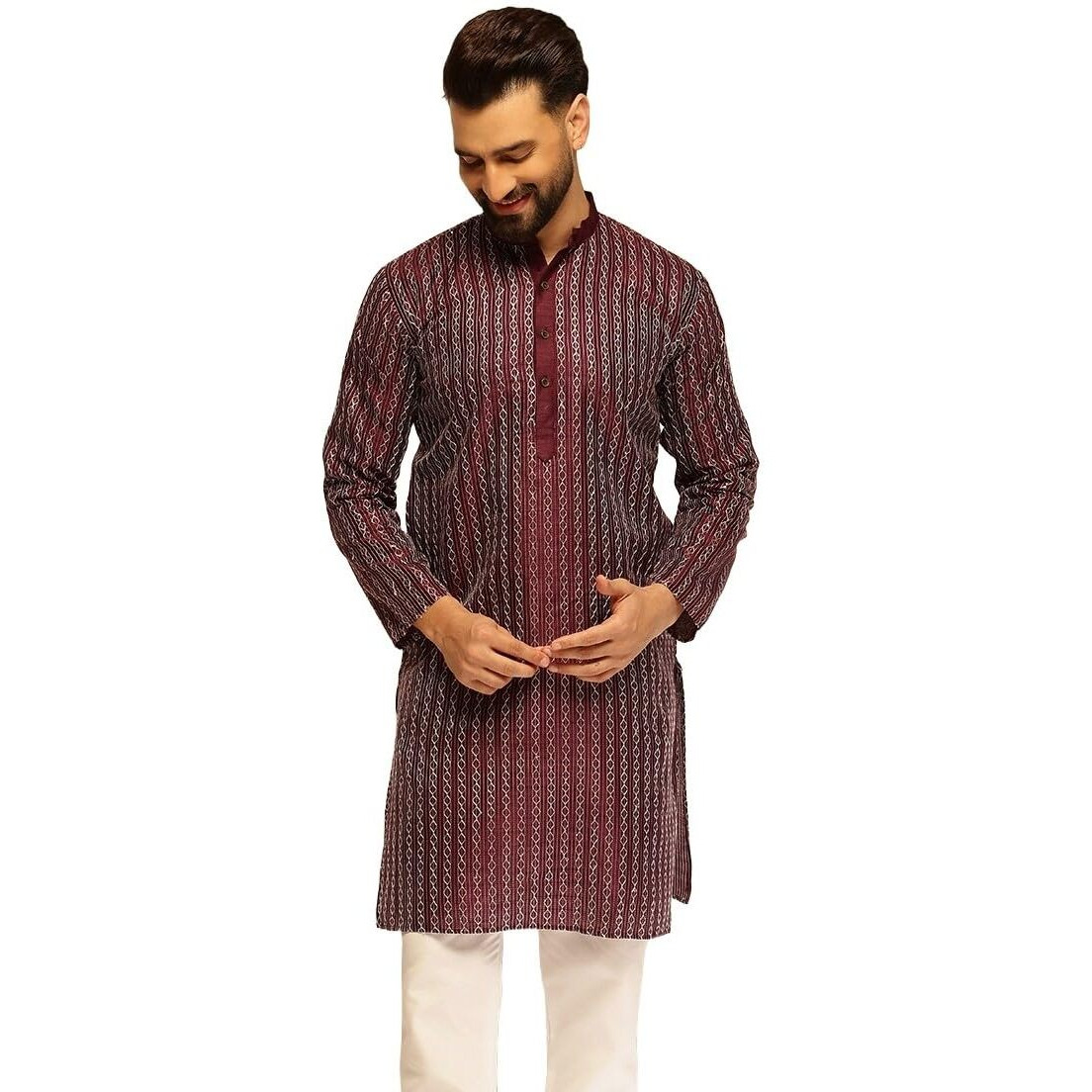 Sojanya (Since 1958 Men's Silk Blend Wine Long Kurta With Contrast White Thread Detailing