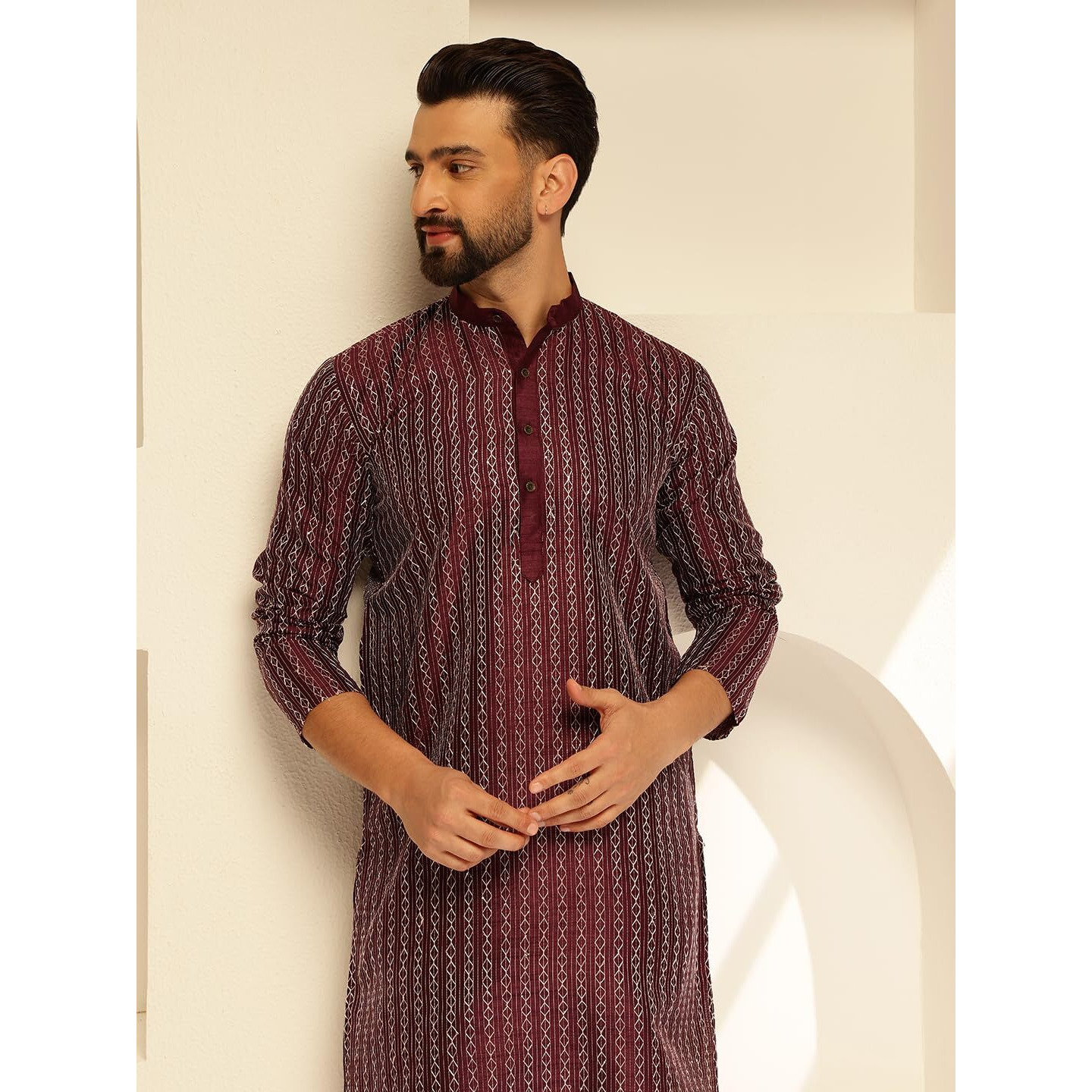 Sojanya (Since 1958 Men's Silk Blend Wine Long Kurta With Contrast White Thread Detailing