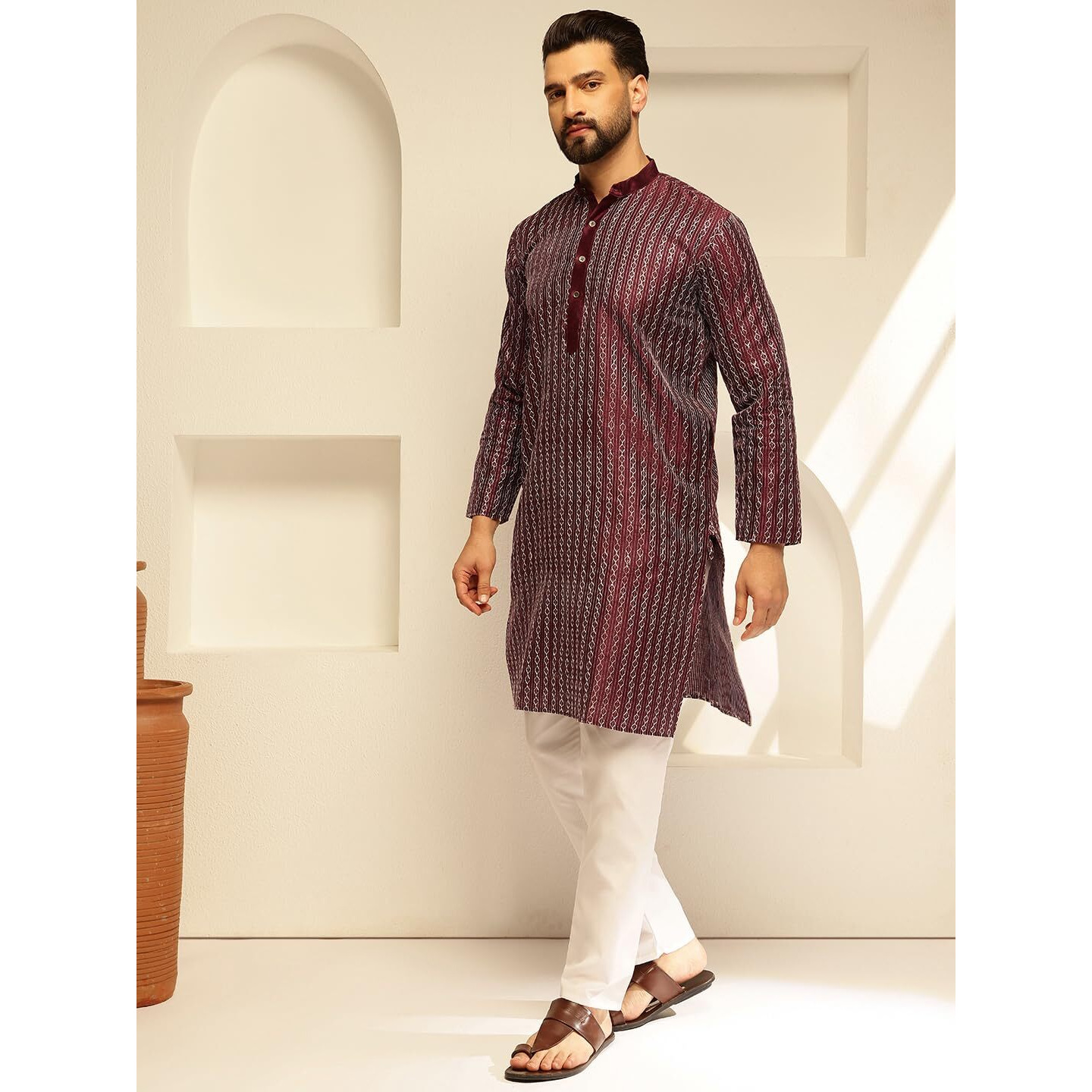 Sojanya (Since 1958 Men's Silk Blend Wine Long Kurta With Contrast White Thread Detailing