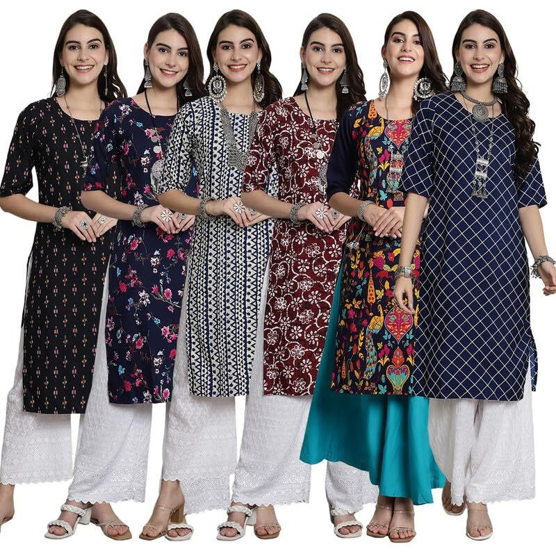 Tee Projekt Crepe Verstaile Straight Printed Kurti For Women's Ll Casual Wear Kurti (Pack Of 6)