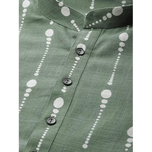 See Designs Men's Green Printed Cotton Side Slits Mandarin Collar Straight Kurta - Sd2Kt891Xs