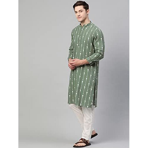 See Designs Men's Green Printed Cotton Side Slits Mandarin Collar Straight Kurta - Sd2Kt891Xs