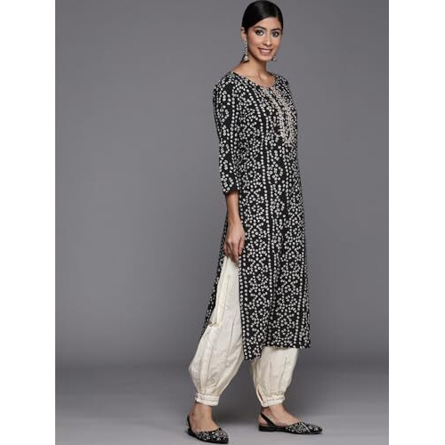 Black Printed Cotton Kurta Has A Gota Patti Work On Placket, Kurta Has Round Neck And Three Quarter Sleeves