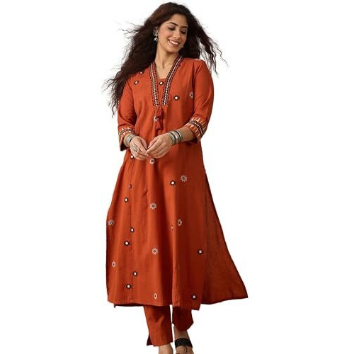Varanga Thread Embroidered Panelled Kurta Paired With A Pair Solid Trousers Rust