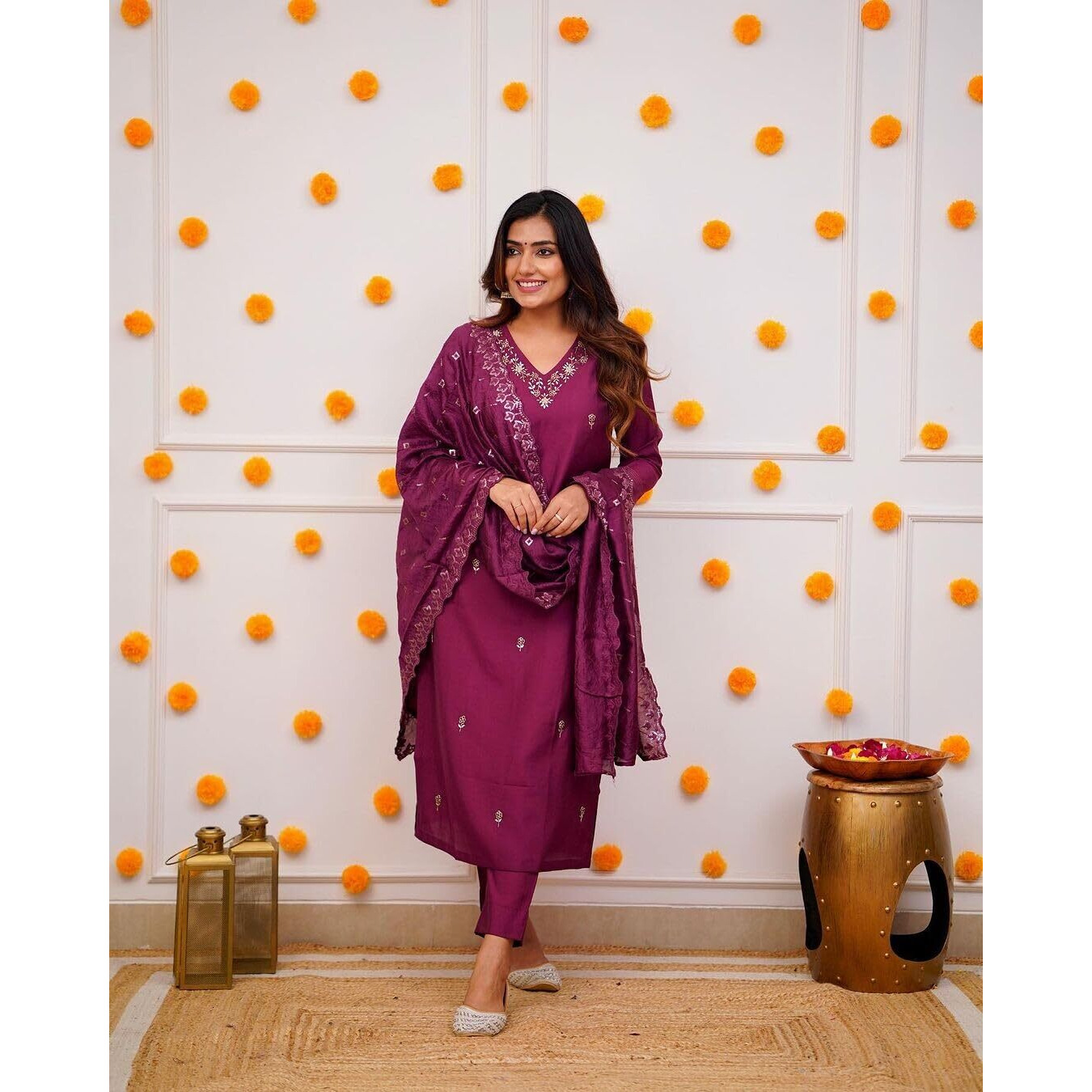 Shiv Textiles Women's Chanderi Silk Embroidered Kurta Pant Dupatta Set(Jda-Zarana-Wine-M)