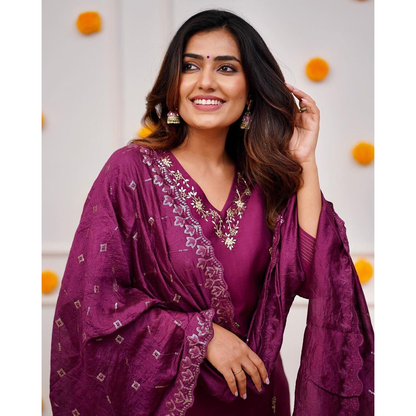 Shiv Textiles Women's Chanderi Silk Embroidered Kurta Pant Dupatta Set(Jda-Zarana-Wine-M)