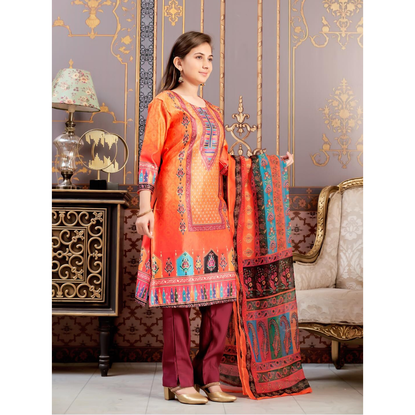 Aarika Girls Ethnic Wear Orange-Wine Colour Abstract Embalished Satin Kurti Pant Set-8-15 Years (Kp-Tr-K-1039)