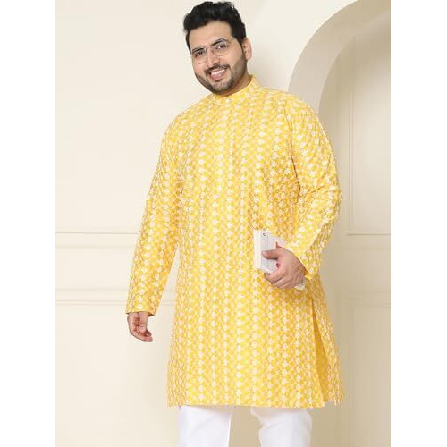 Sojanya Plus (Since 1958) Men's Silk Blend Yellow Embroidered Only Long Kurta
