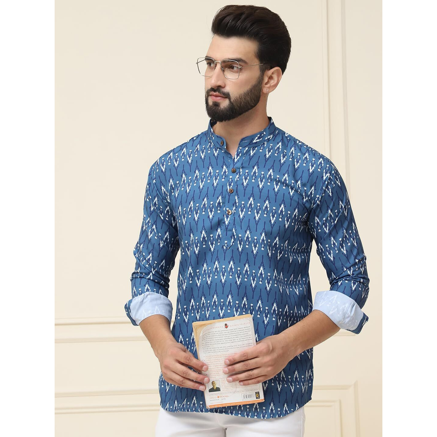 Sojanya (Since 1958, Men's Pure Cotton Peacock Blue Printed Only Short Kurta