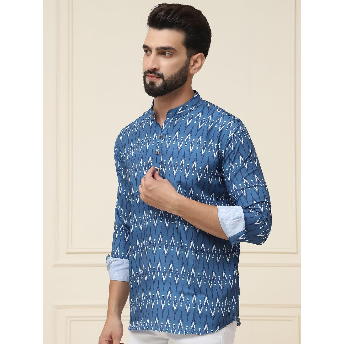 Sojanya (Since 1958, Men's Pure Cotton Peacock Blue Printed Only Short Kurta