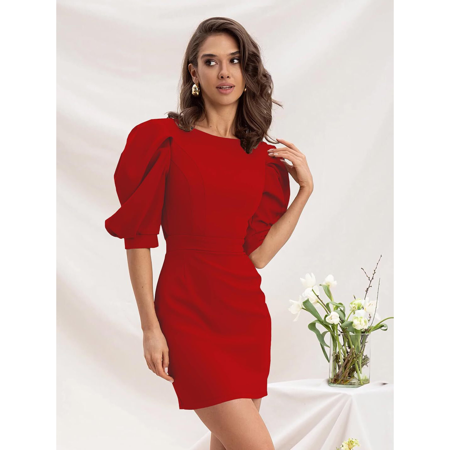 Addyvero Red Backless Puff-Sleeve Above Knee Party Dress