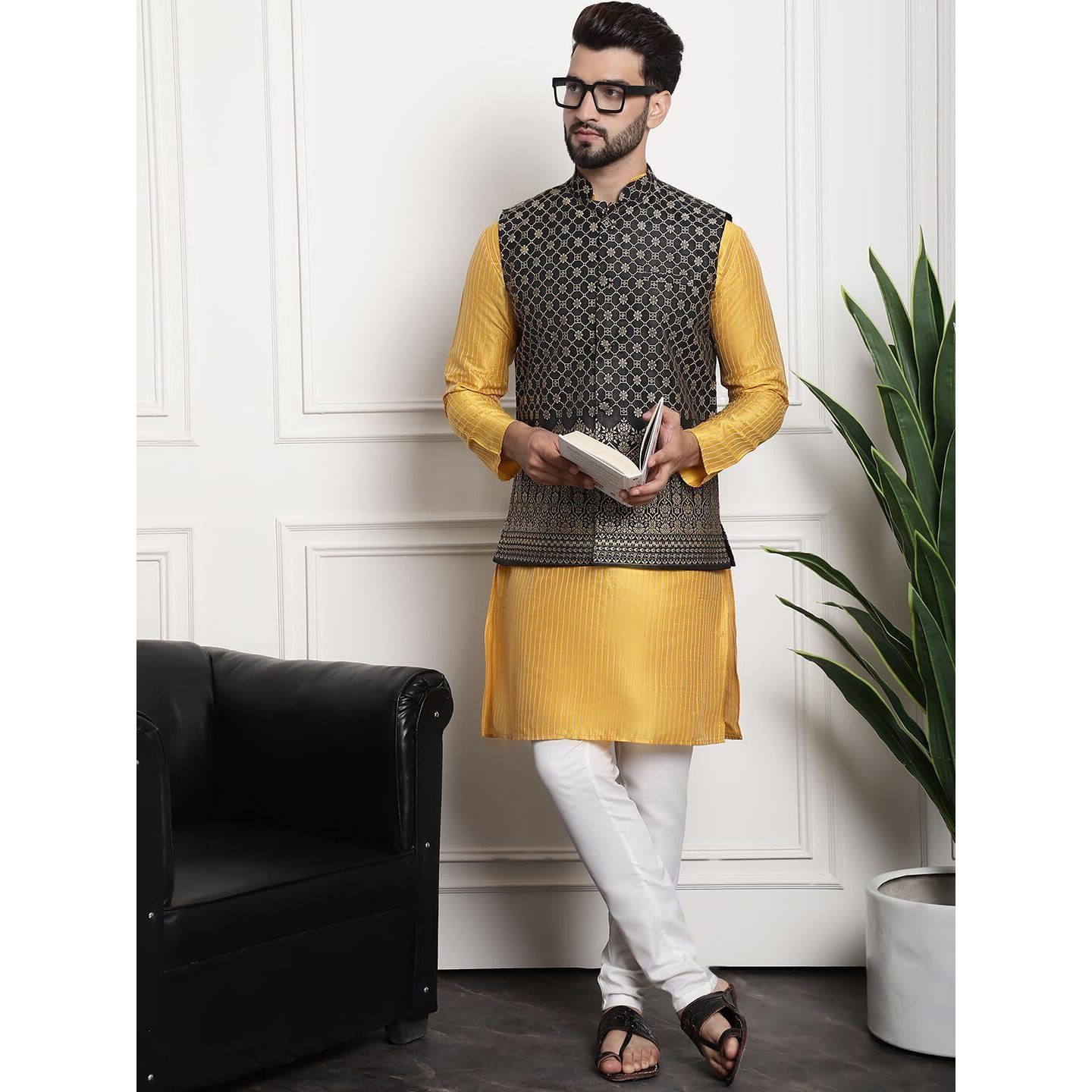 Sojanya (Since 1958 Men's Silk Blend Mustard Kurta And Off-White Pyjama With Black Nehru Jacket