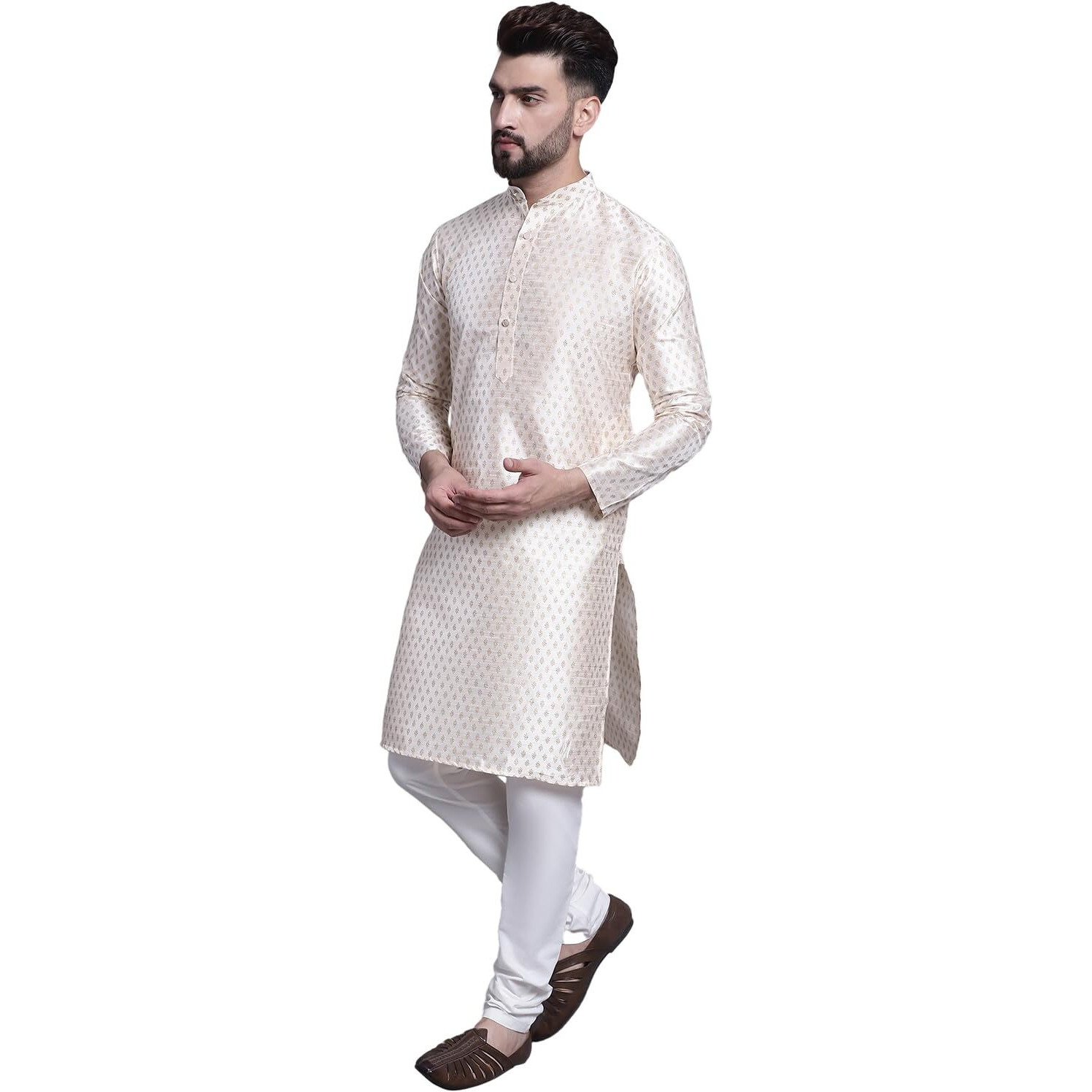 Sojanya (Since 1958 Men's Silk Blend Cream Printed Kurta And Off White Pyjama Set
