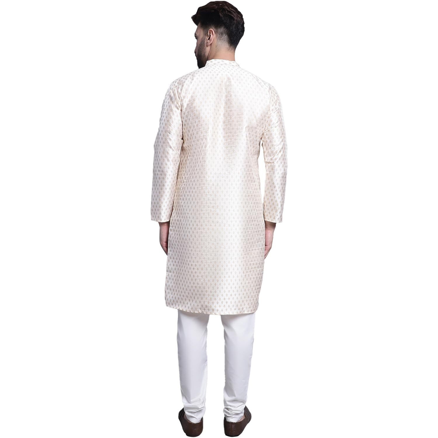 Sojanya (Since 1958 Men's Silk Blend Cream Printed Kurta And Off White Pyjama Set