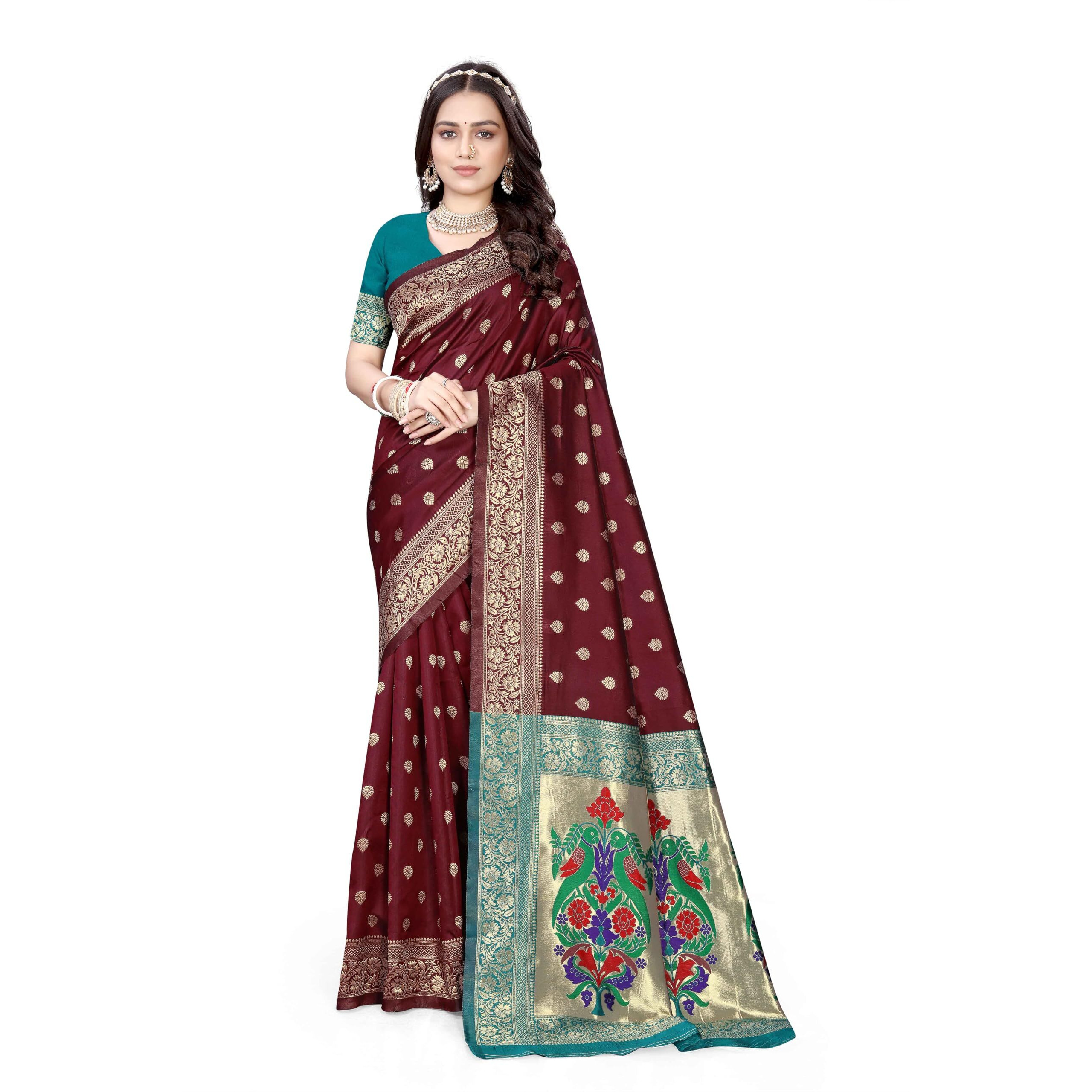 Sugathari Women's Banarasi Saree Pure Paithani Kanjivaram Silk Soft New Ladies 2024 Design Wear Pattu Sarees Latest Cotton Party Sari Collections With Blouse Piece For Wedding Sadi (Pari-204 Maroon)