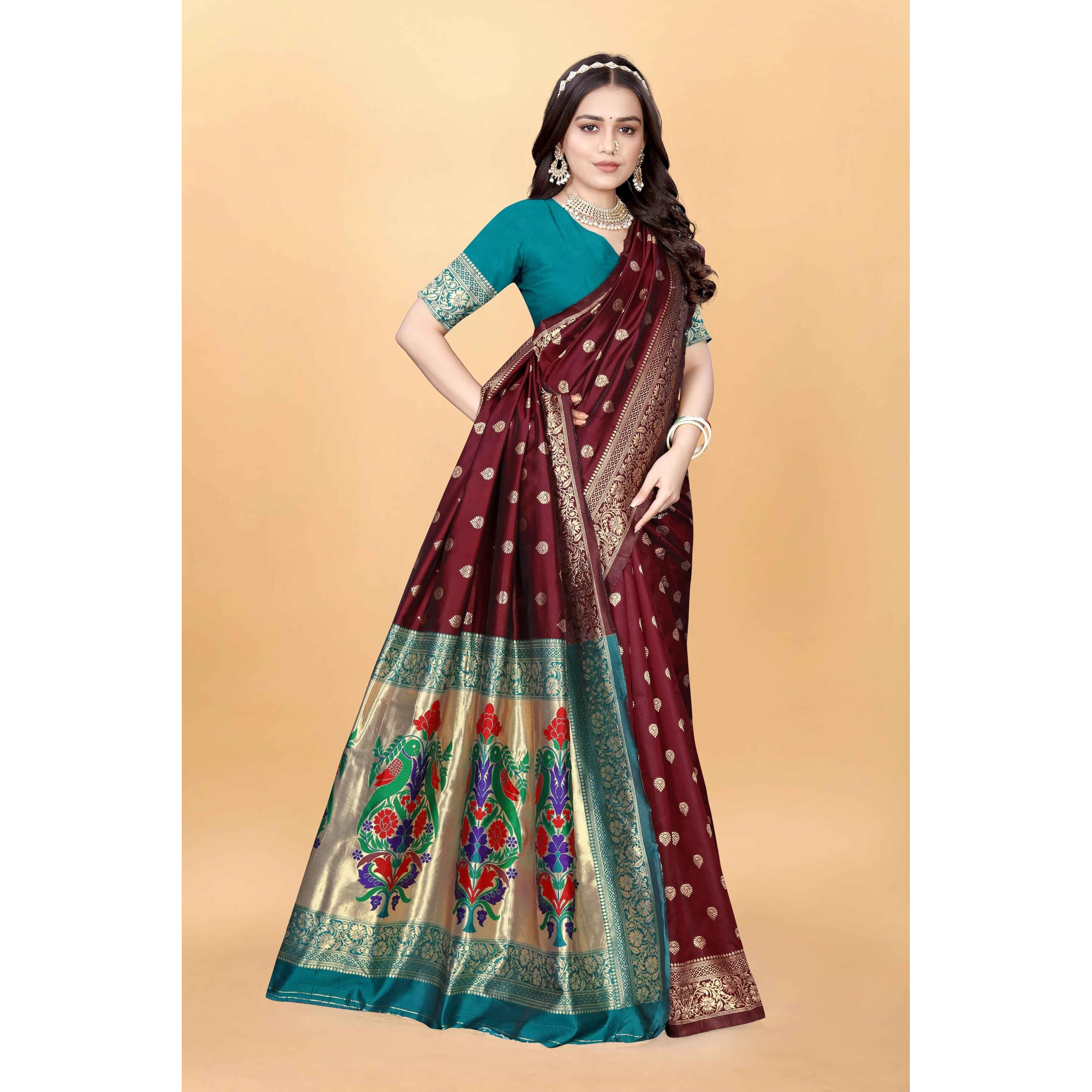 Sugathari Women's Banarasi Saree Pure Paithani Kanjivaram Silk Soft New Ladies 2024 Design Wear Pattu Sarees Latest Cotton Party Sari Collections With Blouse Piece For Wedding Sadi (Pari-204 Maroon)