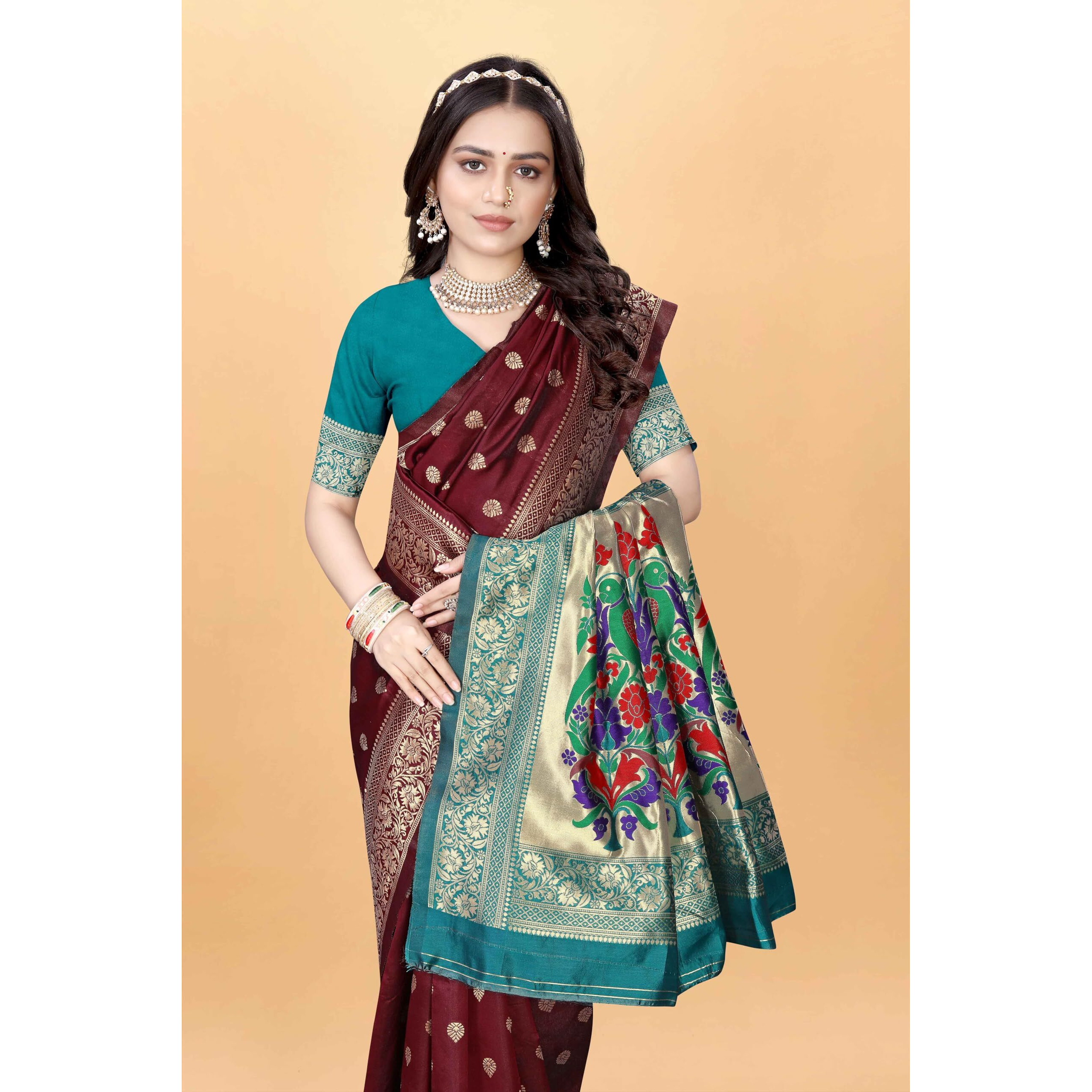 Sugathari Women's Banarasi Saree Pure Paithani Kanjivaram Silk Soft New Ladies 2024 Design Wear Pattu Sarees Latest Cotton Party Sari Collections With Blouse Piece For Wedding Sadi (Pari-204 Maroon)