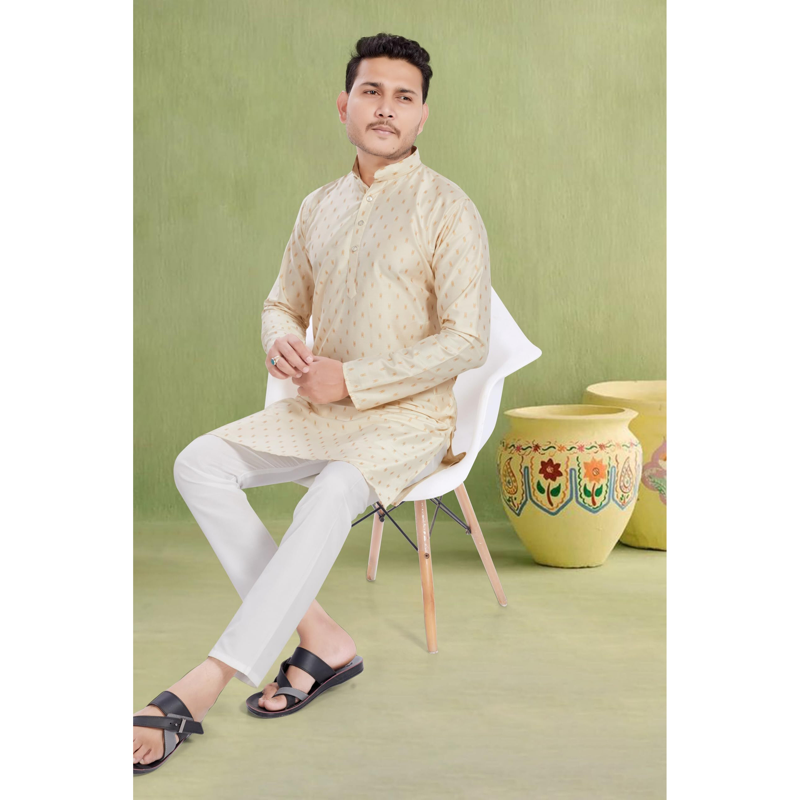 Divisive Men's Printed Cotton Silk Blend Only Slim Fit Kurta (Dkrt977_L_Off White)