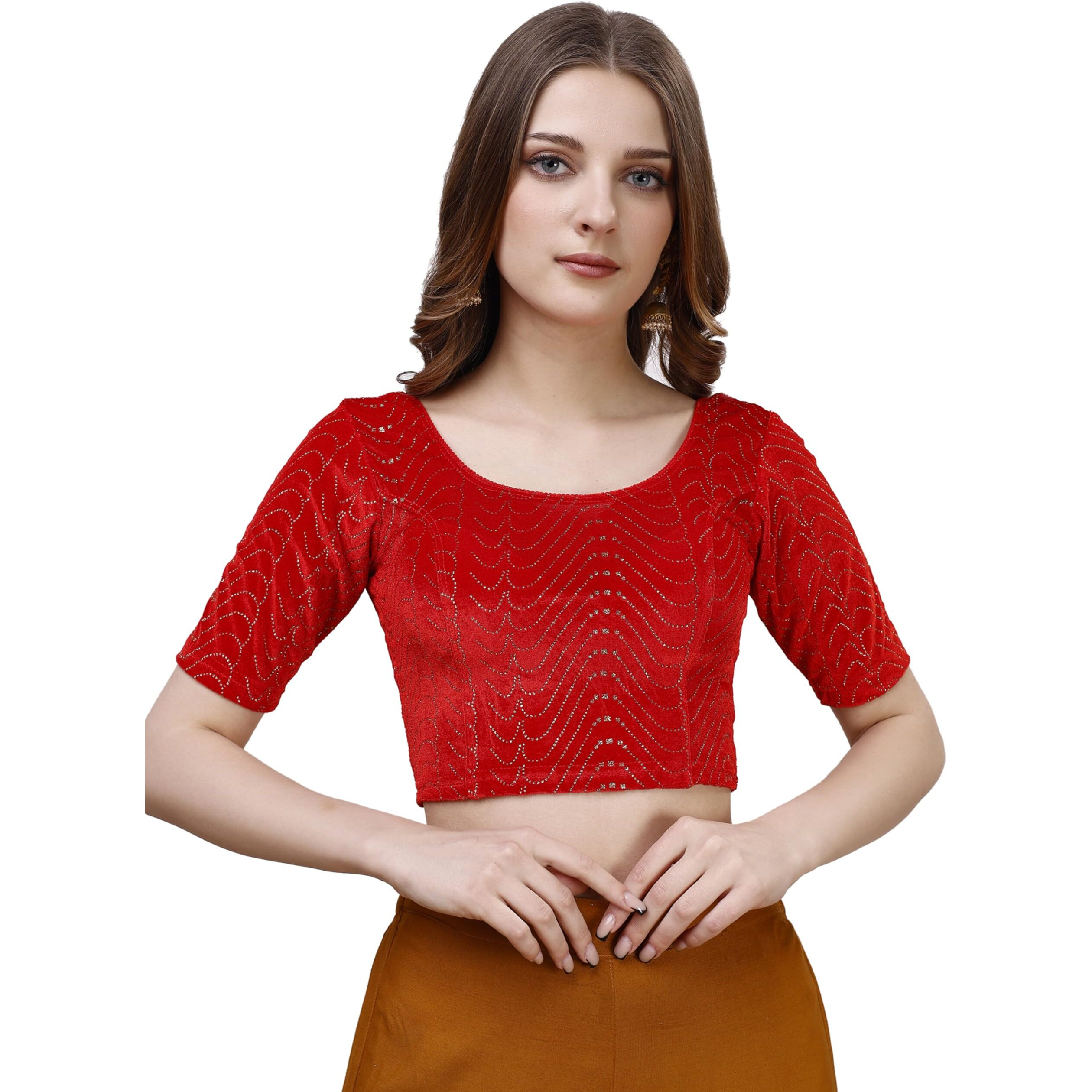 Vihu Fashion Women's Readymade Hosiery Velvet Lycra Stretchable Round Neck Half Sleeve Blouse With Jari Work Fancy Red Color Lycra Stretchable Blouse For Women Readymade Saree Blouse