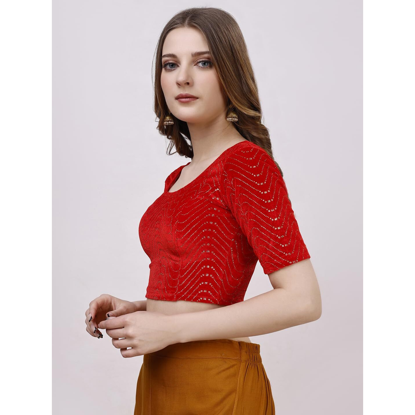 Vihu Fashion Women's Readymade Hosiery Velvet Lycra Stretchable Round Neck Half Sleeve Blouse With Jari Work Fancy Red Color Lycra Stretchable Blouse For Women Readymade Saree Blouse