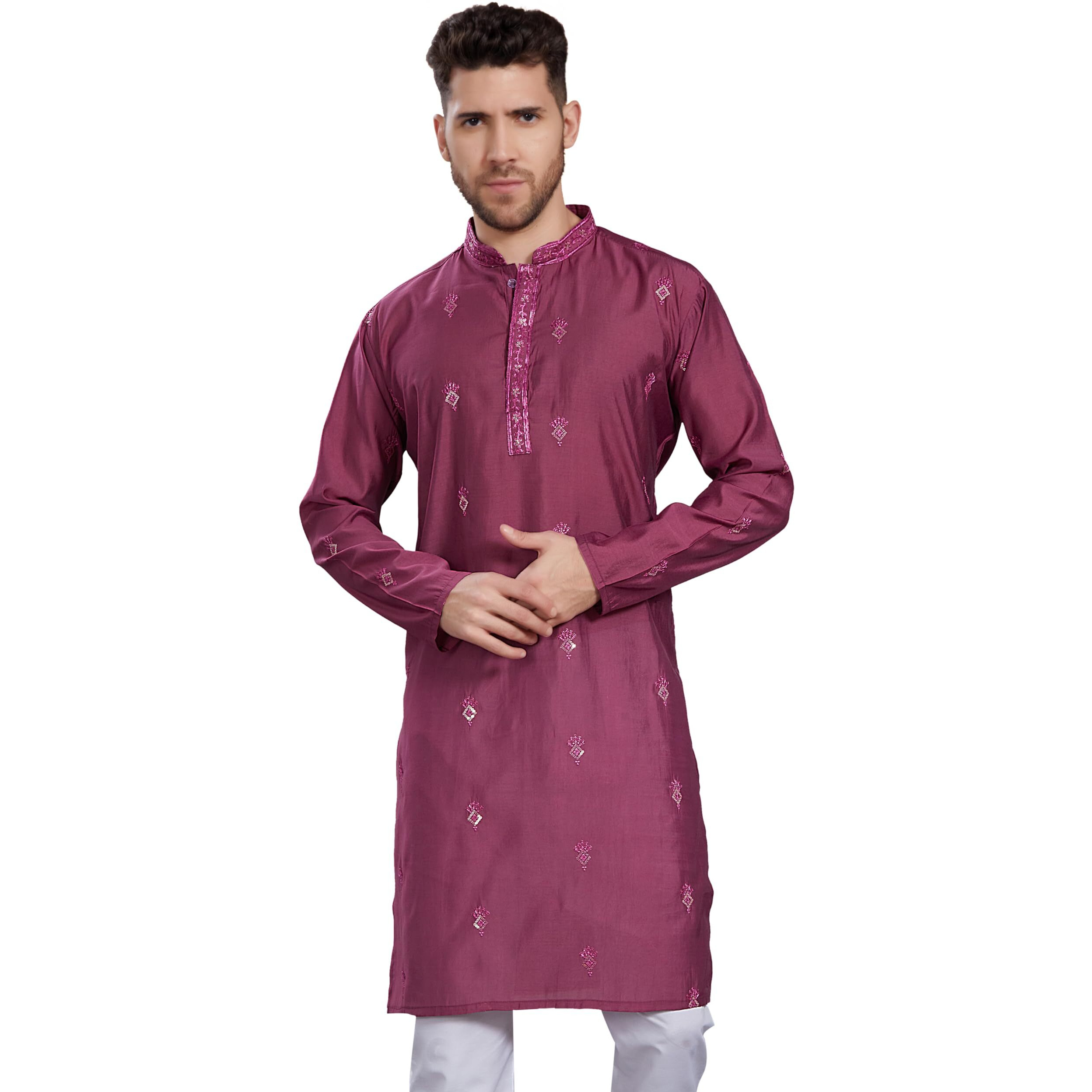 Divisive Men's Embroidered Silk Blend Only Slim Fit Kurta (Dkrt830_M_Wine)