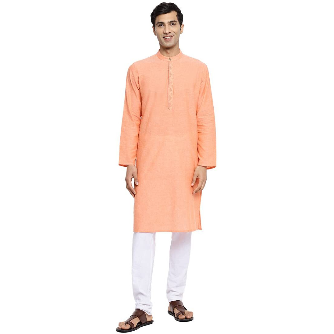 Fabindia Men's Cotton Embroidered Slim Kurta (102888103_Orange