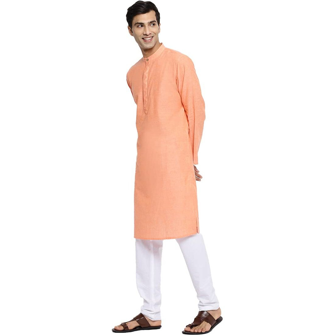 Fabindia Men's Cotton Embroidered Slim Kurta (102888103_Orange