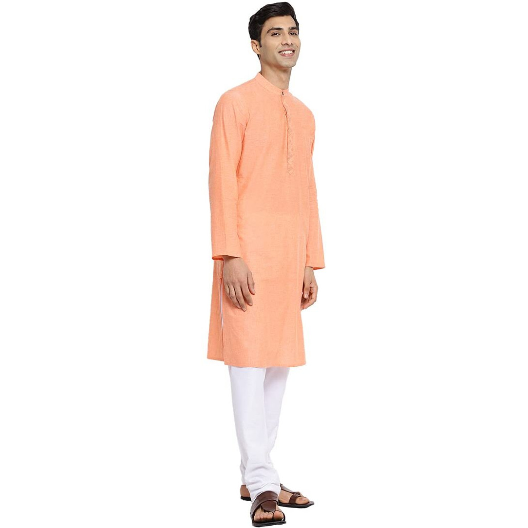 Fabindia Men's Cotton Embroidered Slim Kurta (102888103_Orange