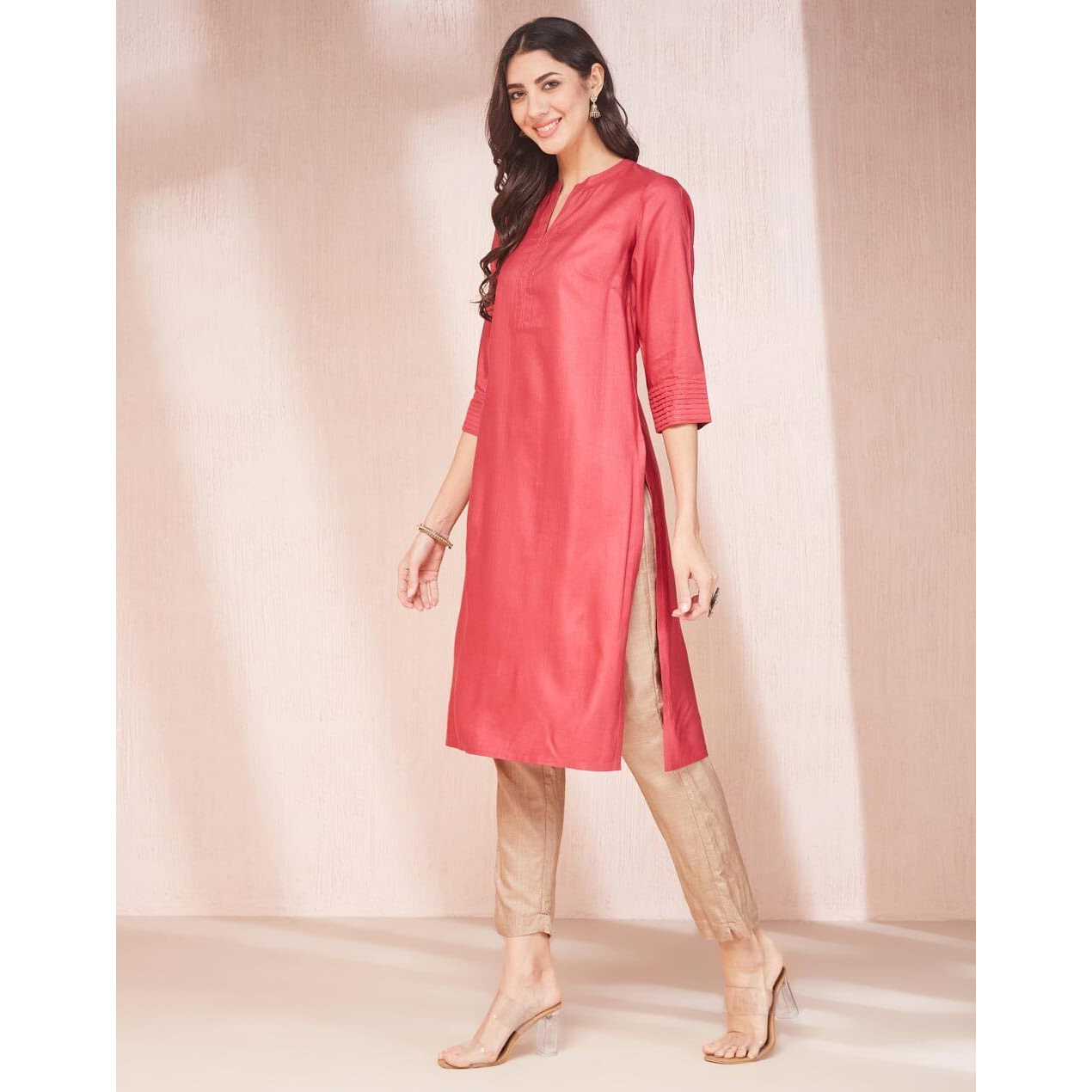 Fabindia Women's Viscose Silk Solid Regular Kurta (1038026Fuchsia_Fuchsia