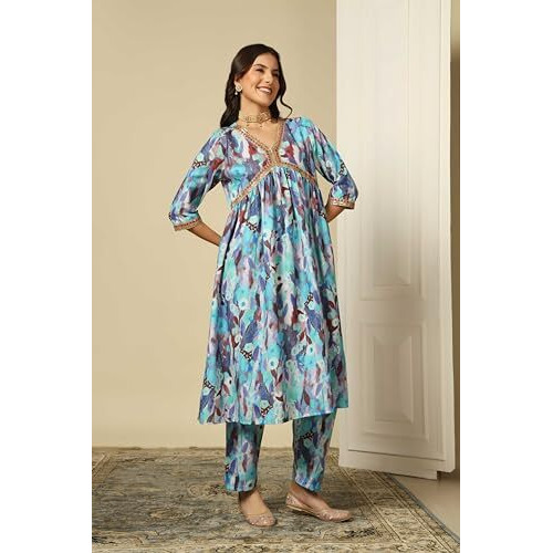 Greciilooks Women Semi Cotton Alia Cut Regular Fit Kurta Set (Blue, Xxx-Large)