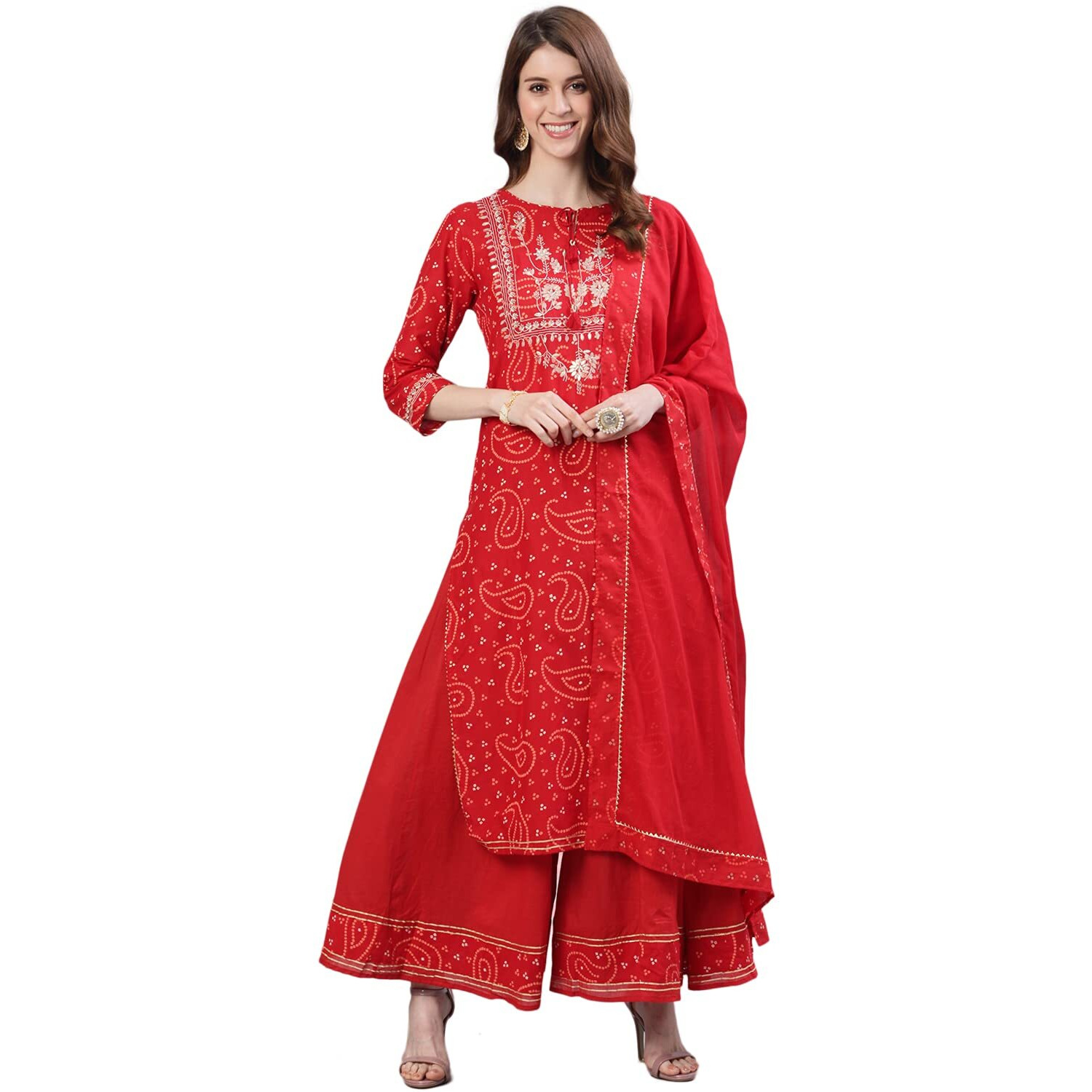 Ishin Women's Red Bandhani Embroidered Straight Kurta Sharara Dupattta Set